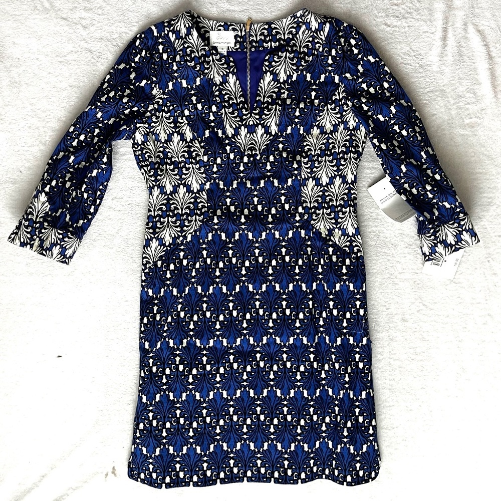 NEW $138 Donna Morgan Cobalt Blue Ivory Multi Print Sheath Dress Size 6